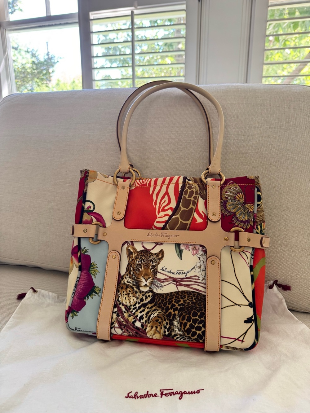 Ferragamo Safari & Floral Print Tote with Beige Leather Trim